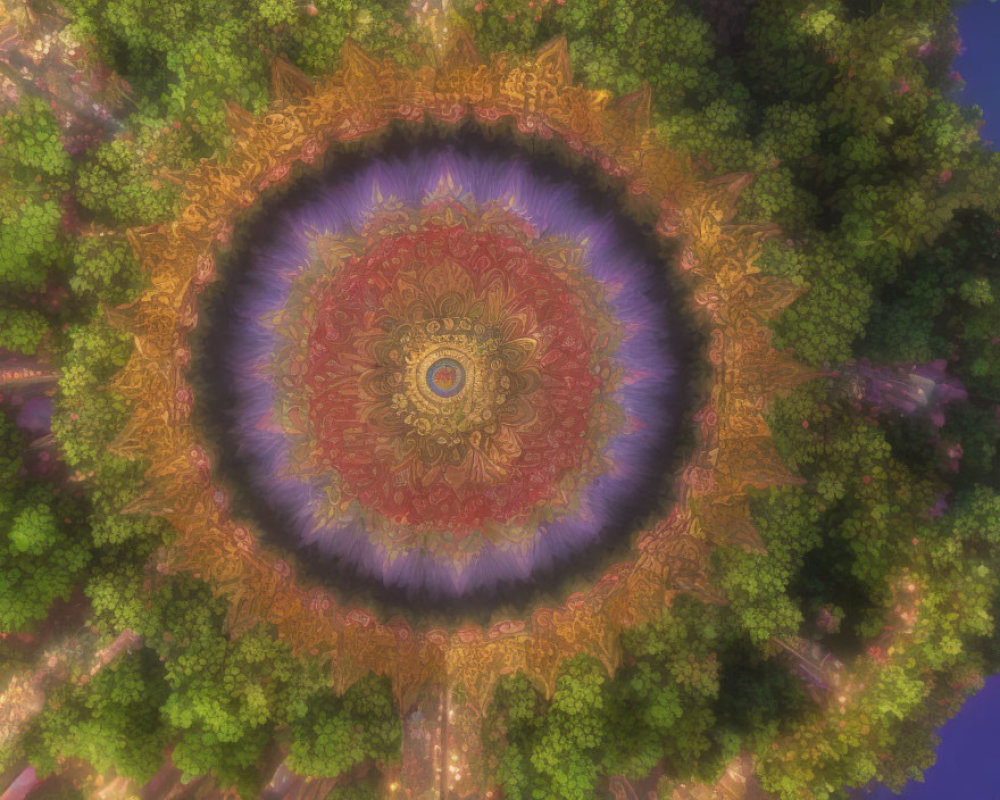 Lush Forest Aerial View with Fractal Mandala Pattern