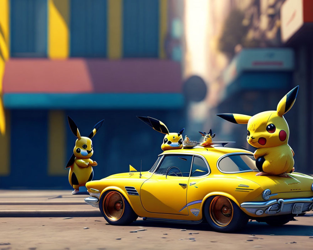 Three Pikachu Characters Near Stylized Yellow Car in Urban Scene