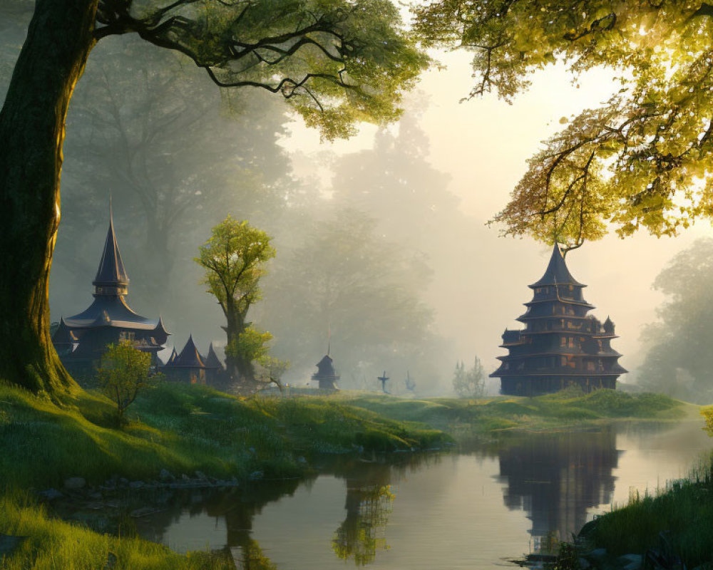 Tranquil landscape with pagoda buildings by river and greenery