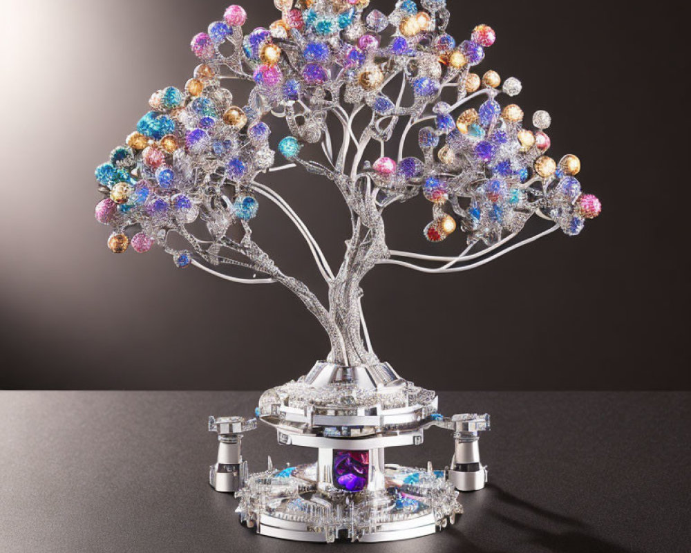 Colorful Crystal Jeweled Tree Sculpture on Silver Platform with Purple Gem Accents