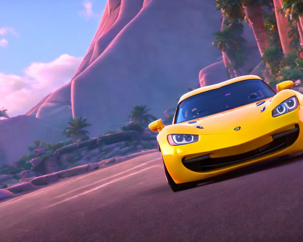 Yellow Animated Sports Car Character on Coastal Road with Pink Cliffs