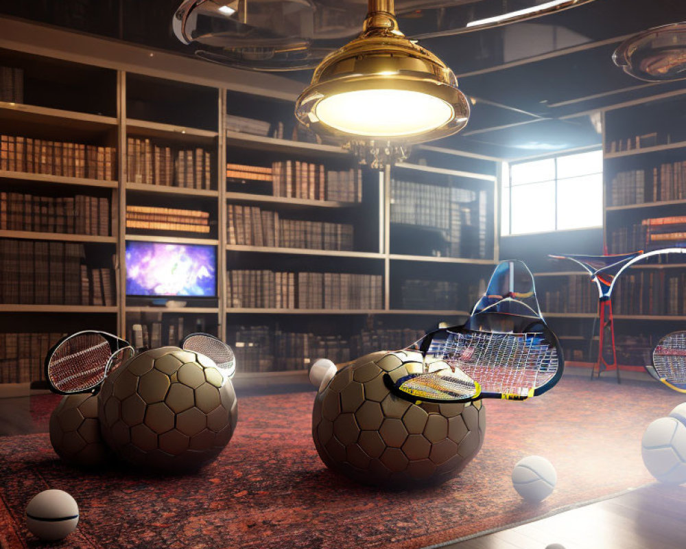 Luxurious 3D-rendered library with tennis-themed decor