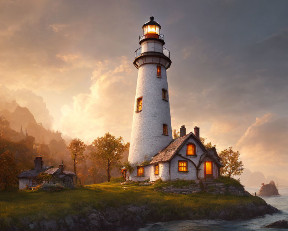 Tranquil dusk scene of a lighthouse and cottage on rocky coastline