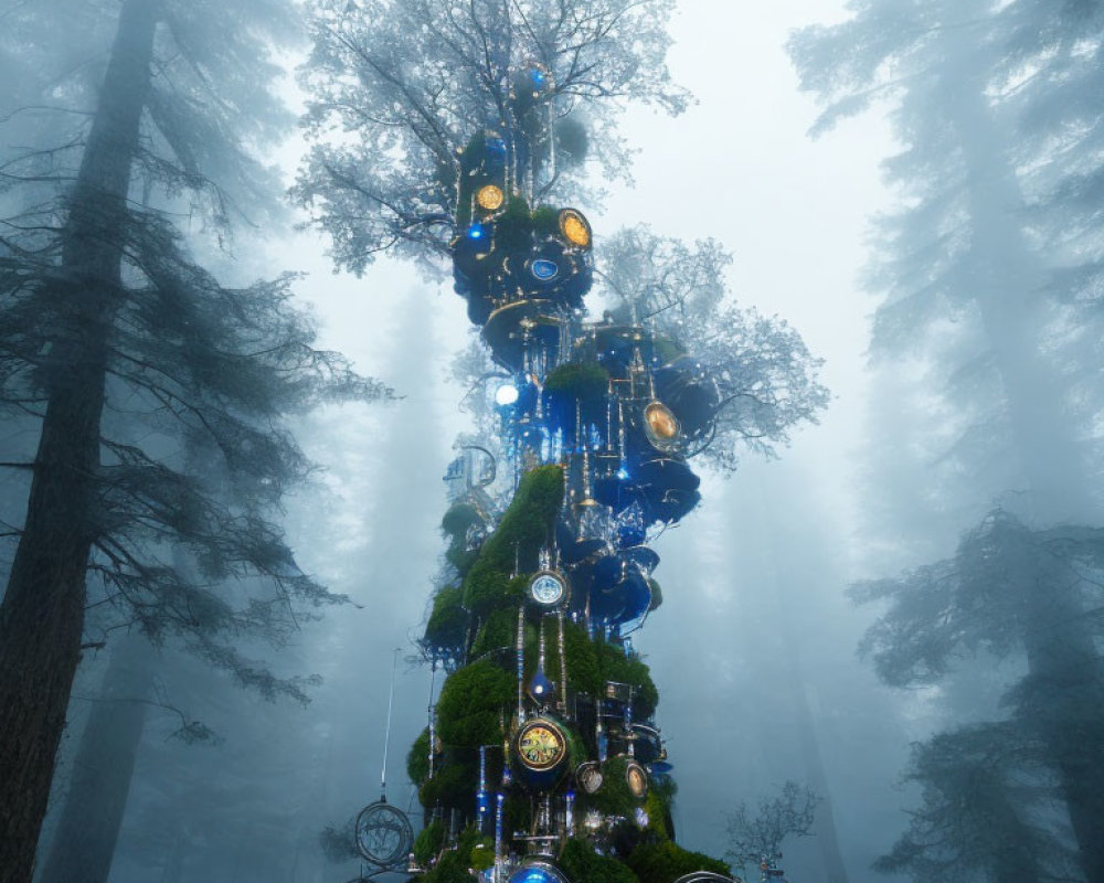 Fantastical tree adorned with clocks and orbs in foggy forest