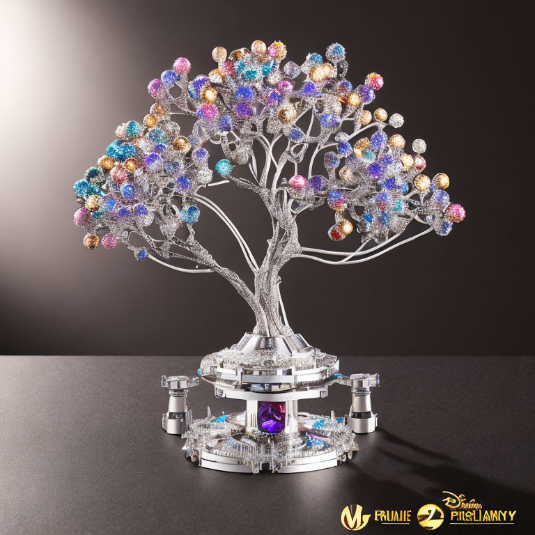 Colorful Crystal Jeweled Tree Sculpture on Silver Platform with Purple Gem Accents