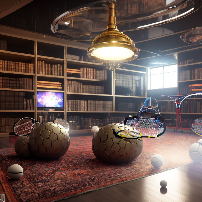 Luxurious 3D-rendered library with tennis-themed decor