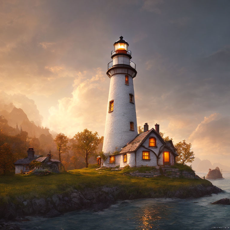 Tranquil dusk scene of a lighthouse and cottage on rocky coastline