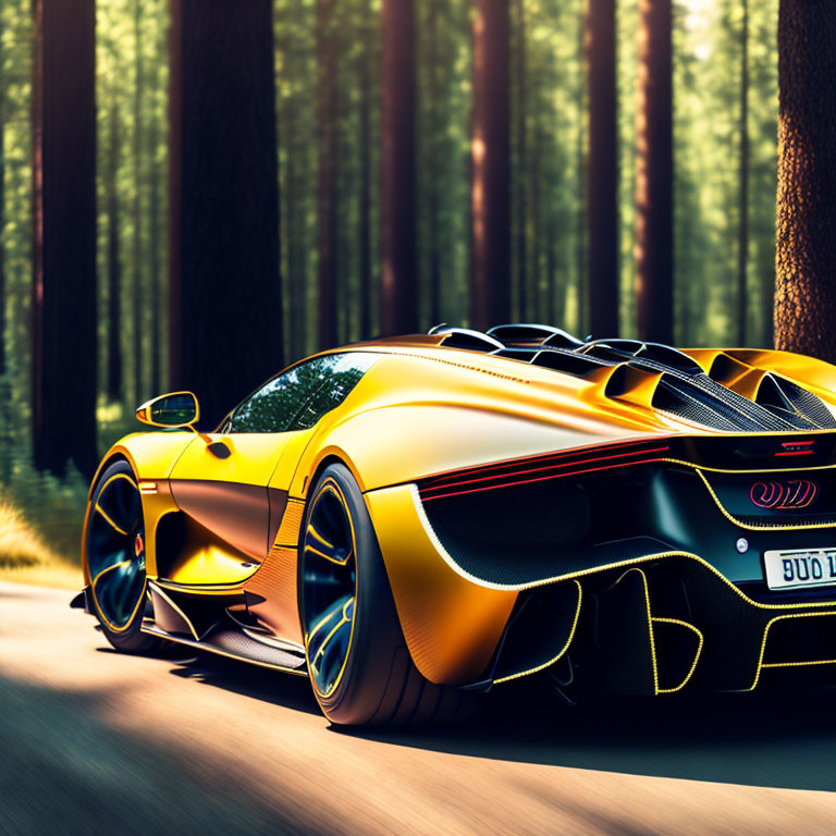 Yellow sports car drives on forest road with sunlight filtering through trees