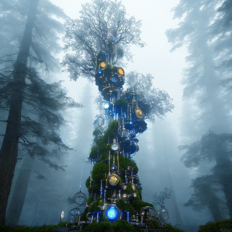 Fantastical tree adorned with clocks and orbs in foggy forest