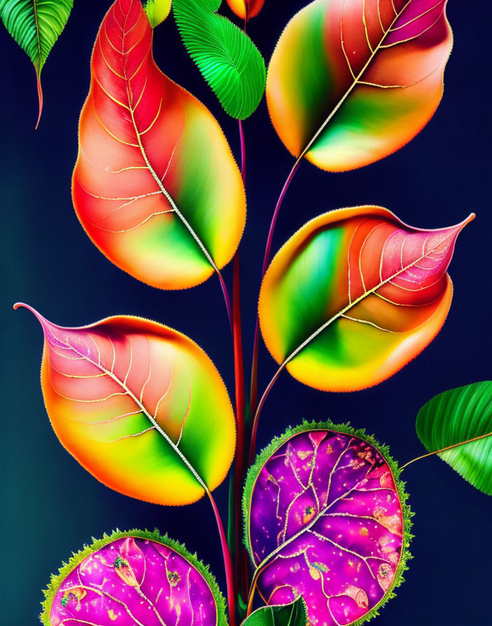 Colorful Multicolored Leaves on Dark Background Displaying Red, Yellow, Green, and Purple H