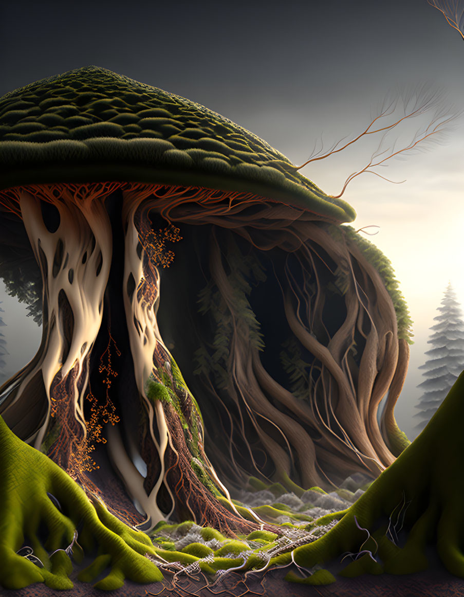 Surreal landscape with giant mushroom structure and misty surroundings