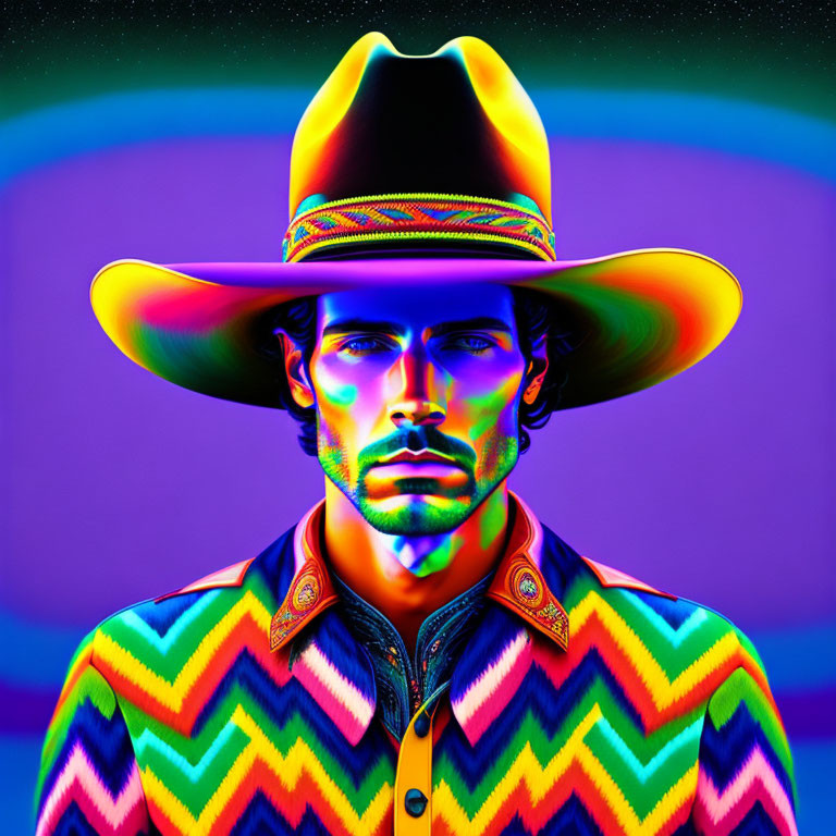 Man with Mustache in Colorful Cowboy Outfit on Neon Background