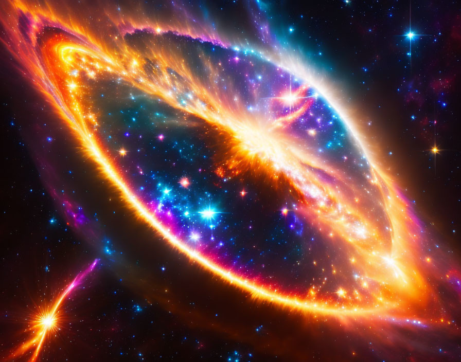 Colorful orange and yellow nebula with swirling patterns and stars on blue space backdrop