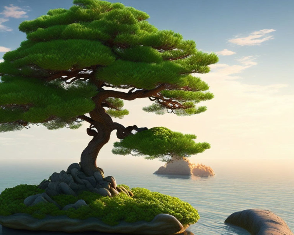 Tranquil sunset scene with bonsai tree on rocky island