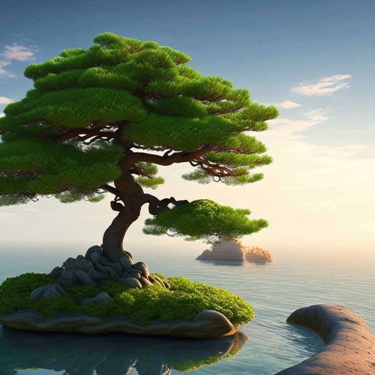 Tranquil sunset scene with bonsai tree on rocky island