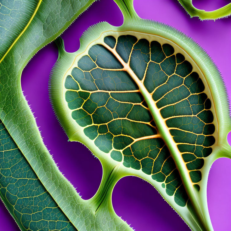 Translucent green leaf with vein structure on purple background and two green leaves