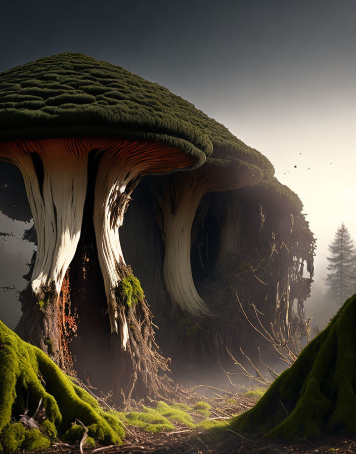 Giant mystical mushroom in mossy terrain under ambient light