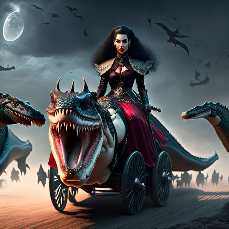 Woman in gothic dress drives dinosaur-pulled chariot under moonlit sky.