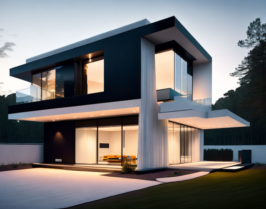 Contemporary two-story house with large windows and cantilevered design in a tranquil setting