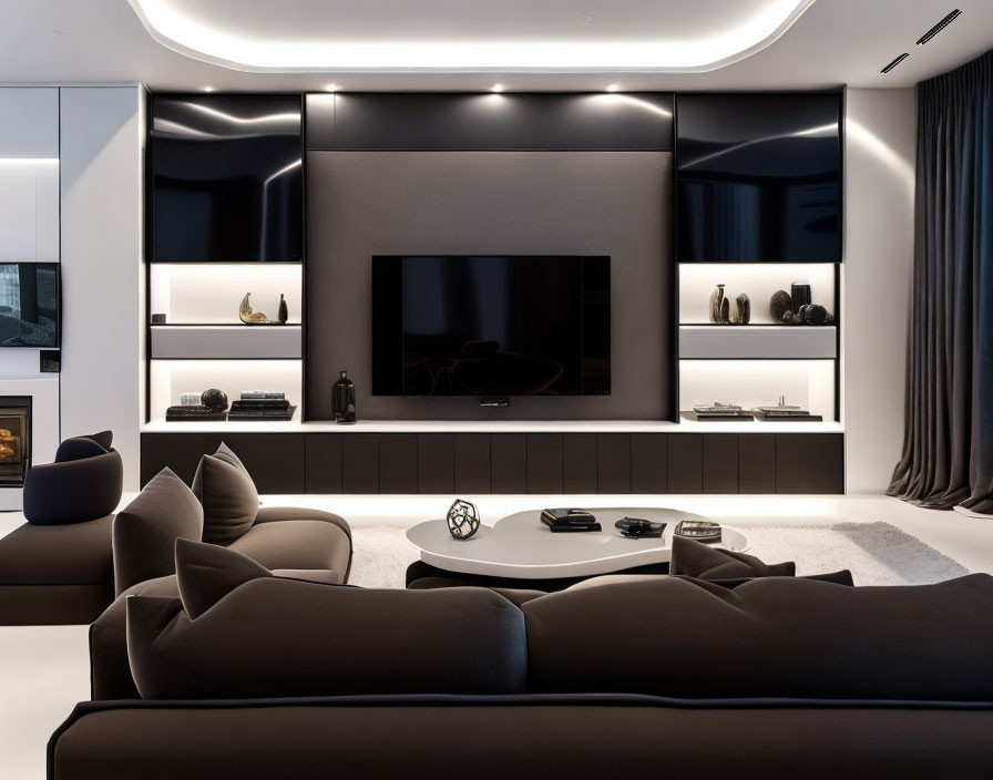 Contemporary living room with dark furniture, built-in shelving, TV, and fireplace