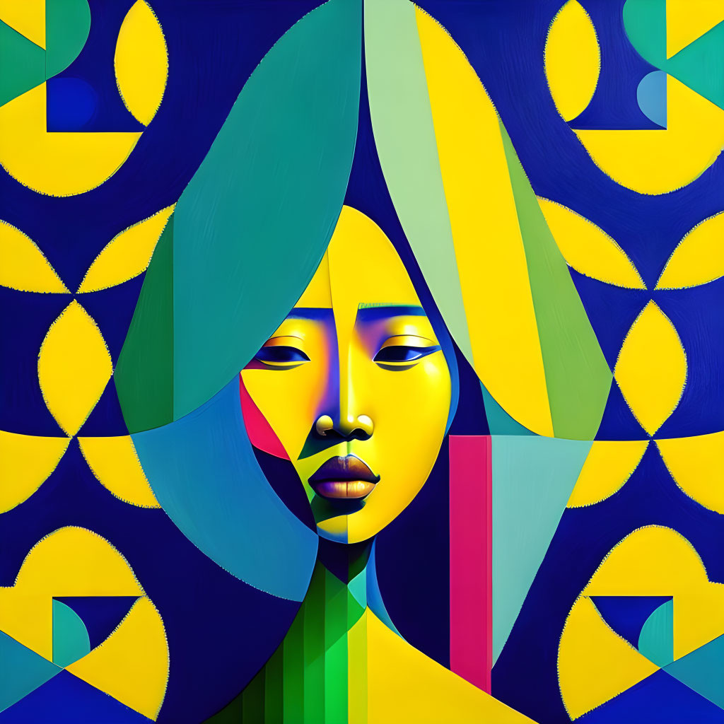 Abstract portrait with central face in yellow and green, surrounded by geometric patterns.