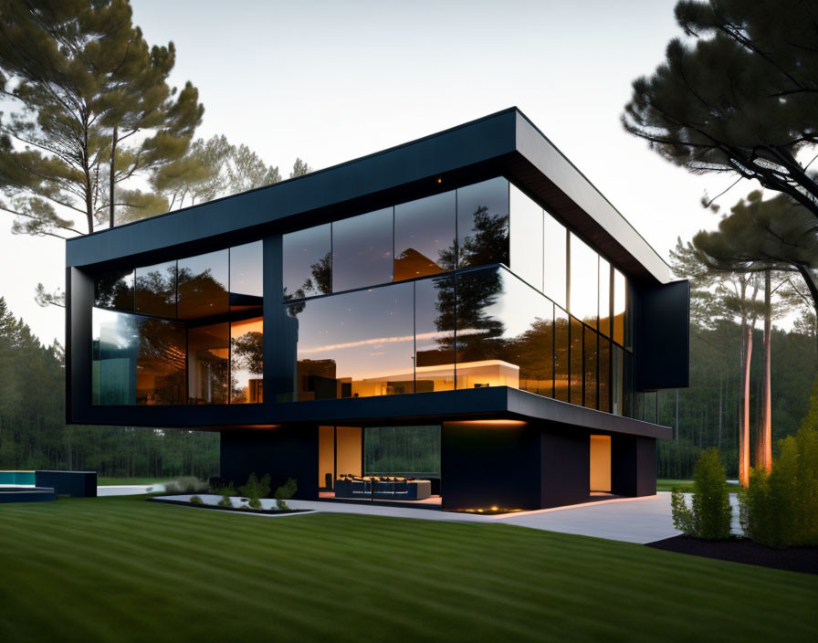 Sleek glass house design among tall trees at dusk