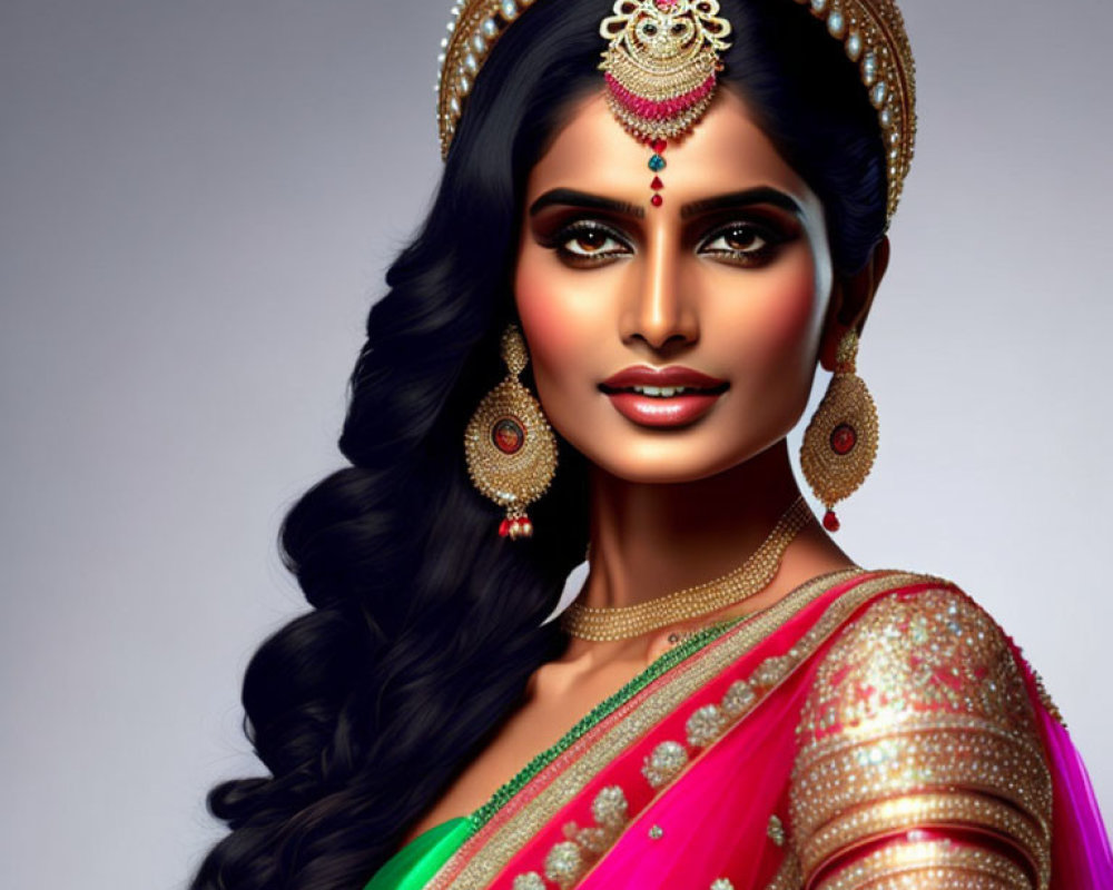 Detailed illustration of woman in traditional Indian bridal attire and jewelry