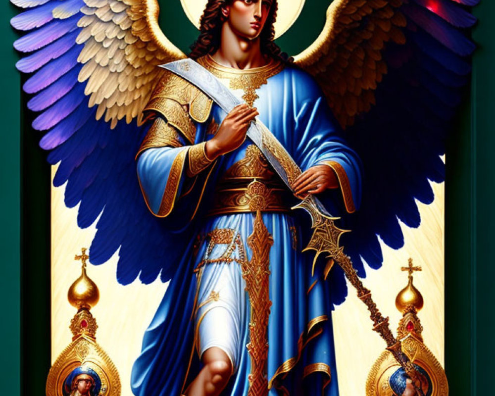 Majestic winged figure in blue and gold armor with sword and divine symbols on decorative backdrop