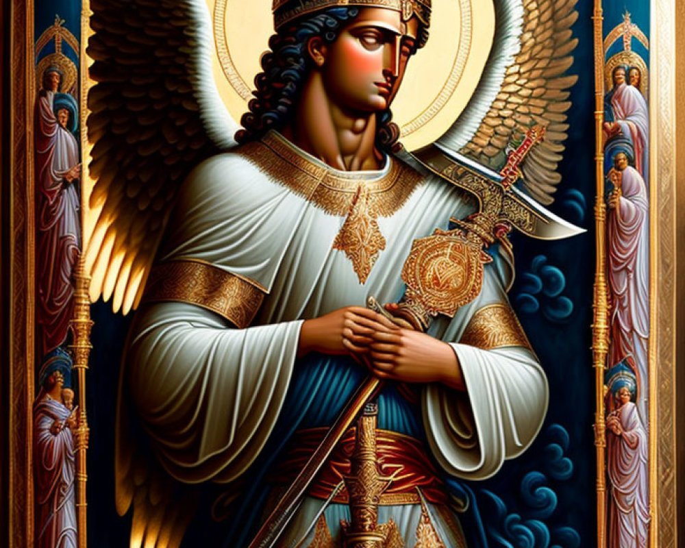 Angelic figure in armor with halo and sword on cross-themed background