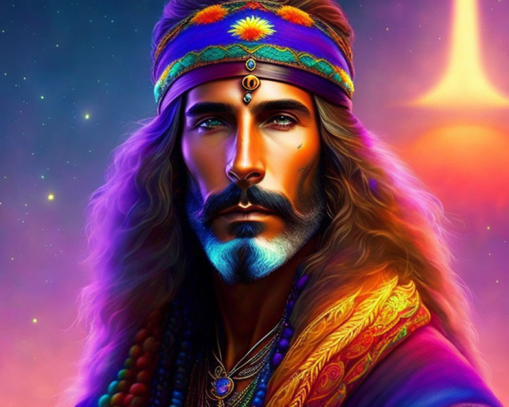 Colorful digital portrait of a man with long hair, headband, beard, and cosmic background