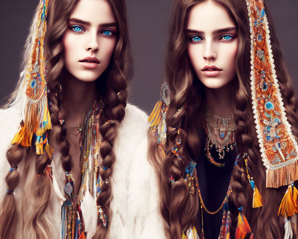 Women with blue eyes and braided brown hair in bohemian attire on grey background