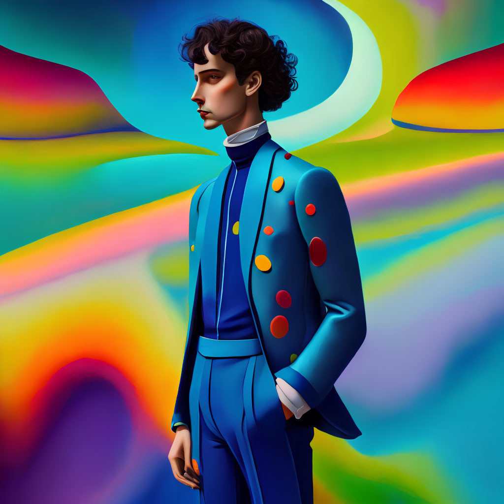 Colorful Abstract Illustration of Man in Blue Suit Against Vibrant Background