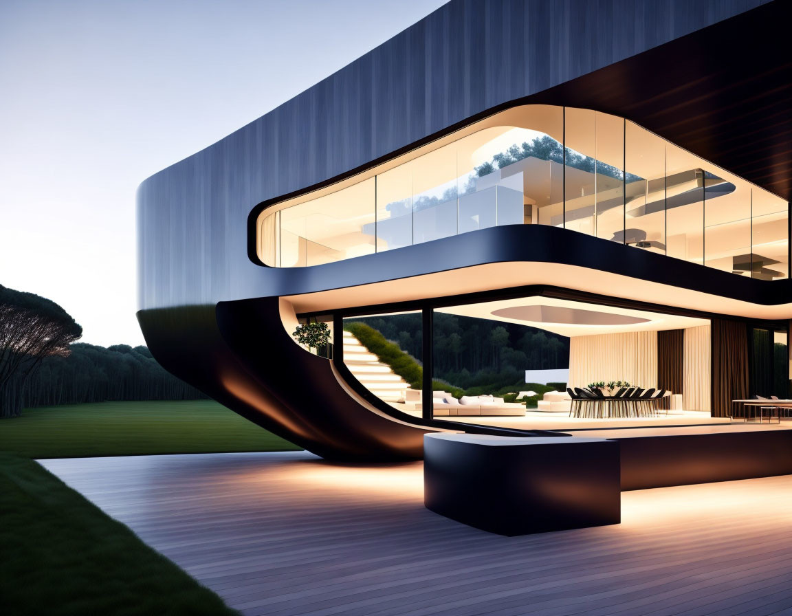 Sleek, Curving Modern House Surrounded by Trees and Glass Walls