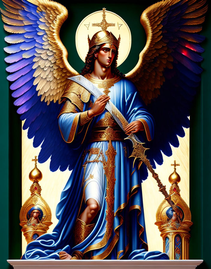 Majestic winged figure in blue and gold armor with sword and divine symbols on decorative backdrop