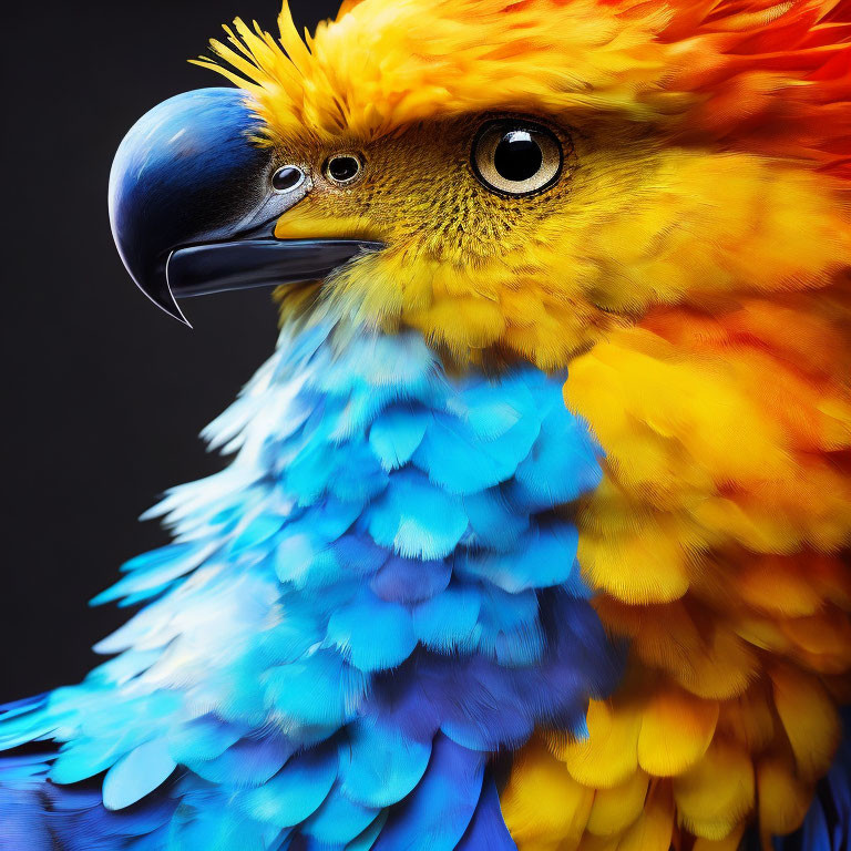 Colorful Parrot with Yellow, Blue, and Orange Feathers: Detailed Eye and Beak