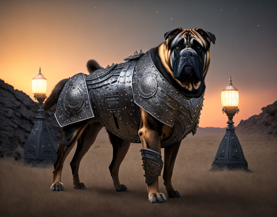 Pug in ornate armor in desert at dusk with lit lanterns