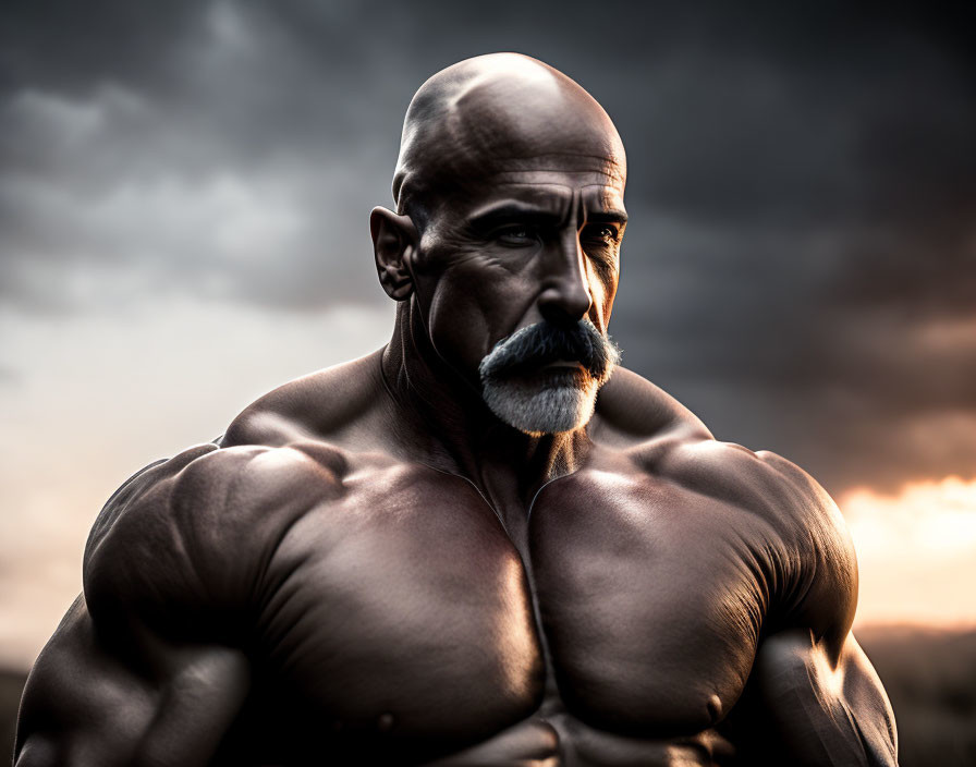 Bald Man with Mustache Poses in Front of Dramatic Sky