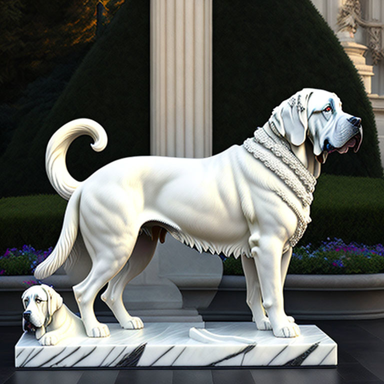 Two white marble dog statues on pedestal with detailed fur textures and expressive faces in garden backdrop