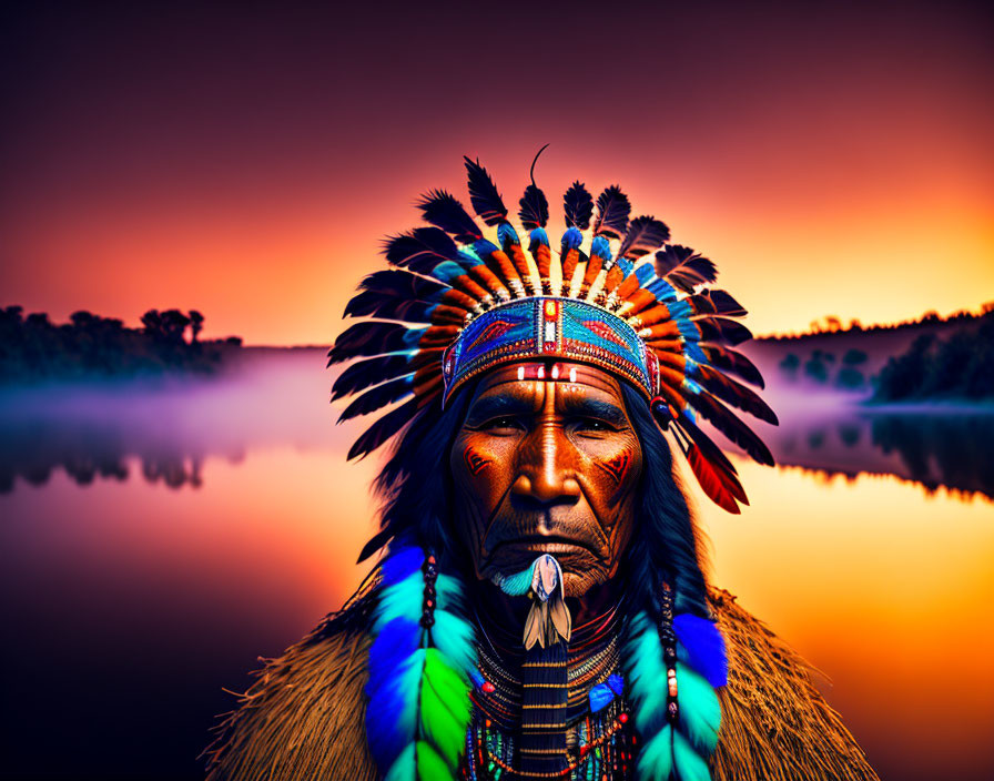 Native American in Traditional Headdress by Serene Sunset Lake