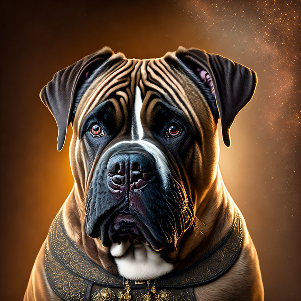 Muscular Bullmastiff with Soulful Gaze in Ornate Collar