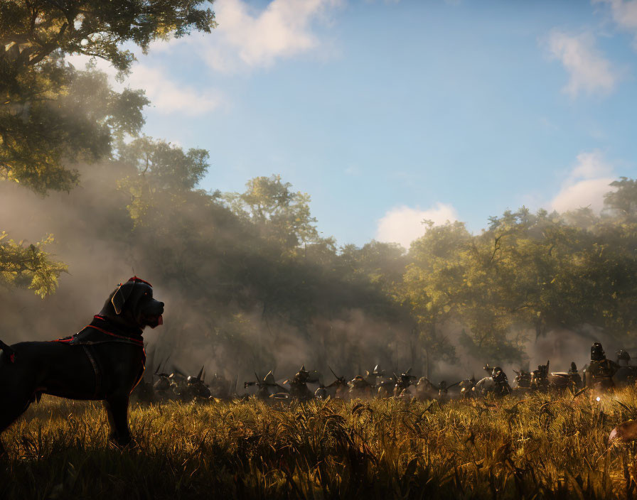 Silhouetted soldiers march in misty forest with dog in foreground