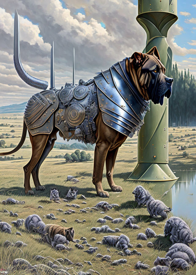 Mechanical dog in field with wind turbines and fluffy sheep-like creatures