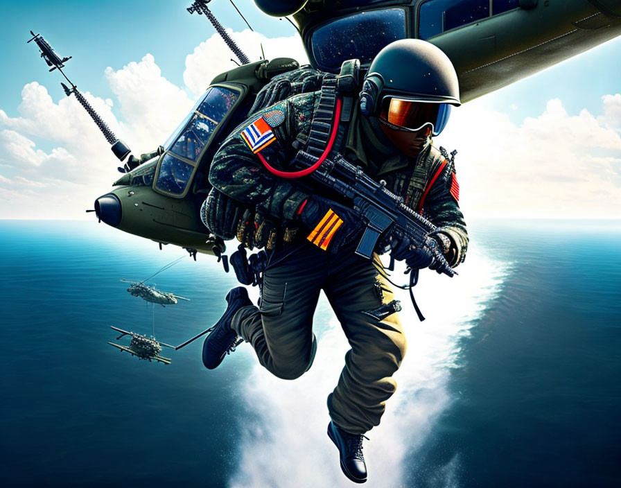 Military soldier in orange visor helmet jumps from helicopter into the sea