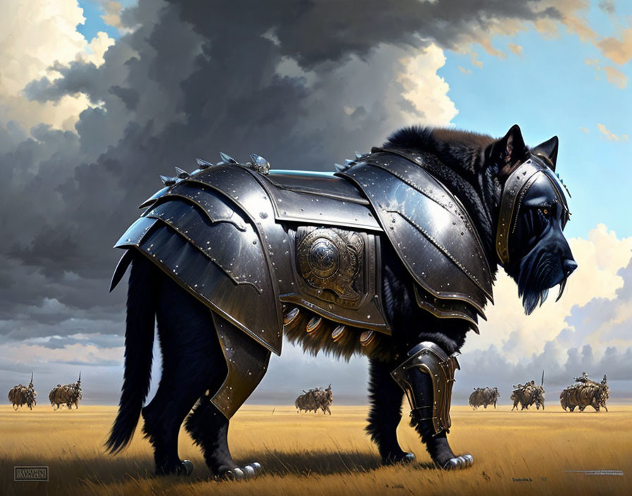 Armored black cat fantasy warrior on battlefield under dramatic sky