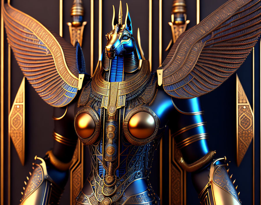 Intricate robotic figure with Anubis-like head and golden wings on dark blue background