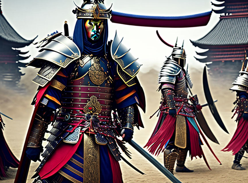 Detailed Artwork: Samurai in Traditional Armor with Katana in Historical Japanese Setting