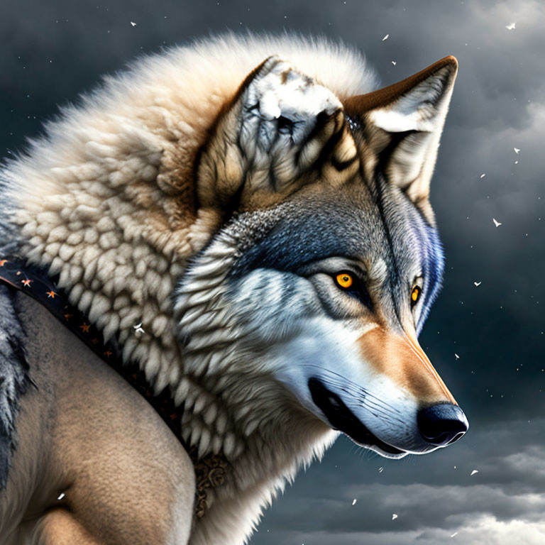 Detailed digital artwork: Wolf with piercing eyes under dramatic cloudy sky