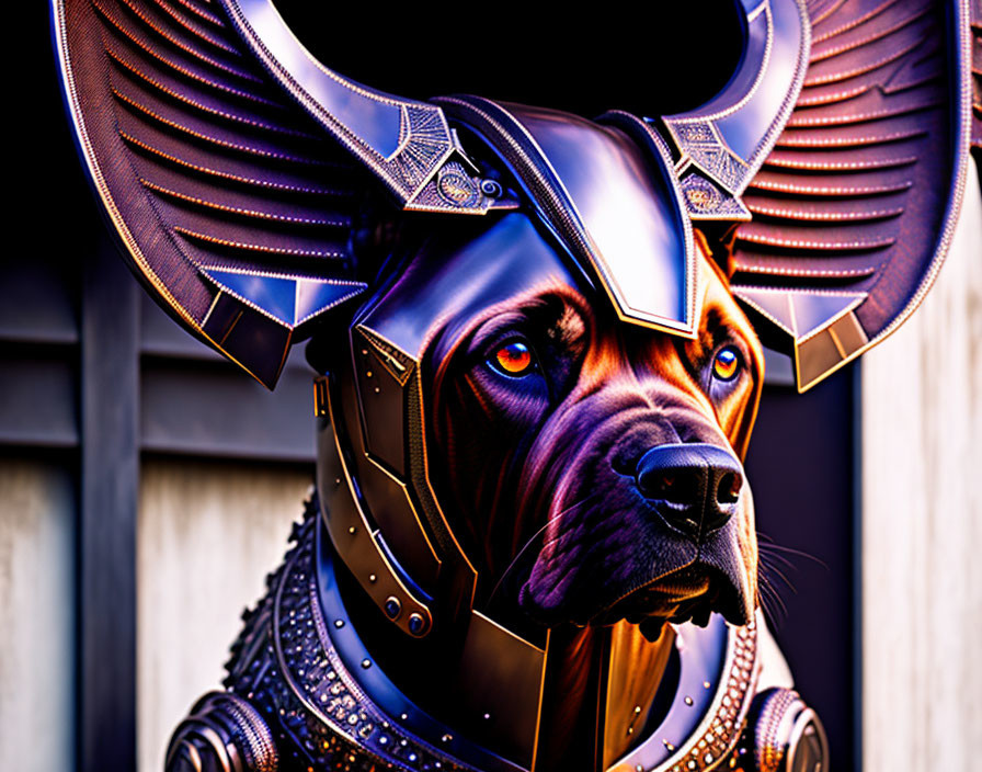 Regal dog in ornate armor and helmet art