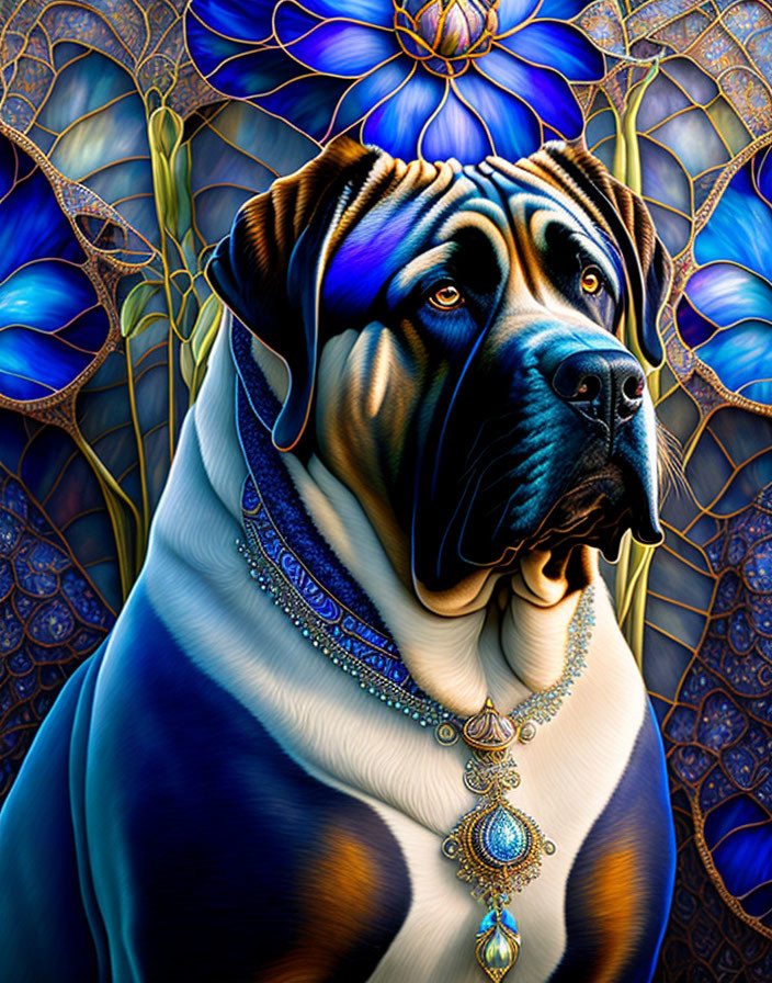 Majestic dog with jeweled necklace on rich blue floral backdrop