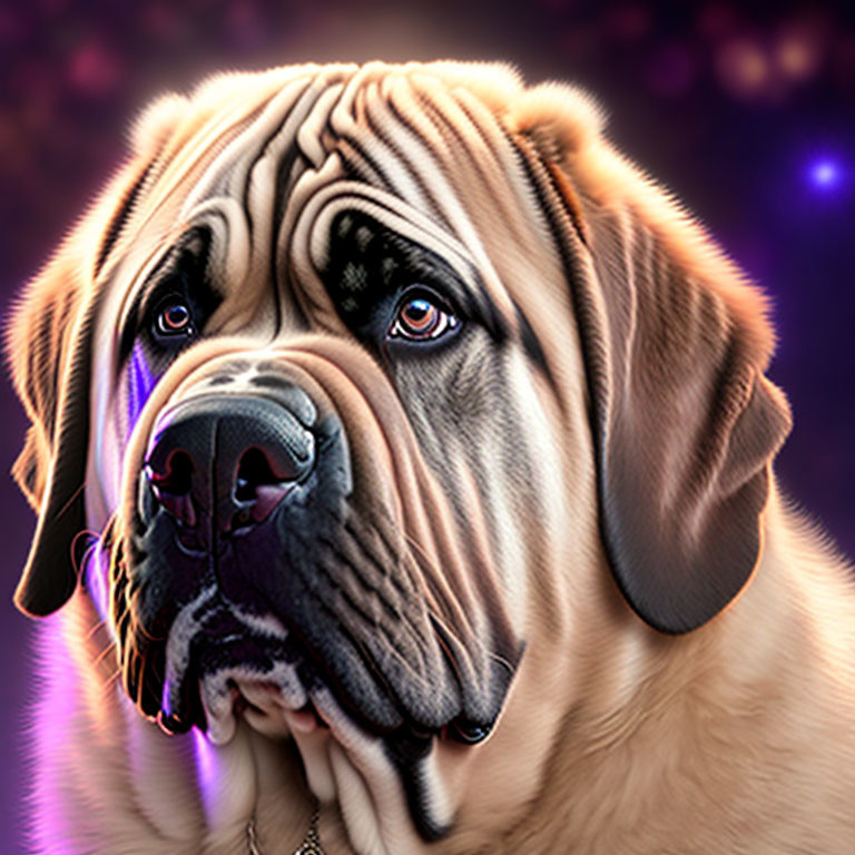 Wrinkly-faced dog illustration on purple starry background